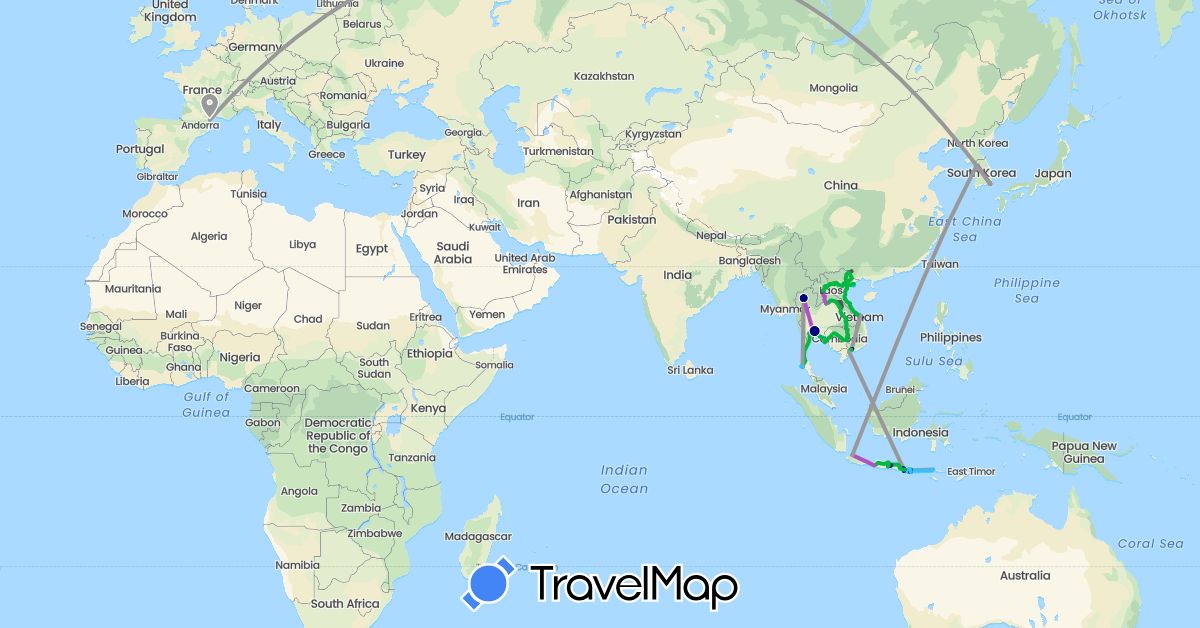 TravelMap itinerary: driving, bus, plane, cycling, train, hiking, boat, motorbike, À pied, transport commun, tuktuk in Indonesia, Cambodia, Laos, Thailand, Vietnam (Asia)